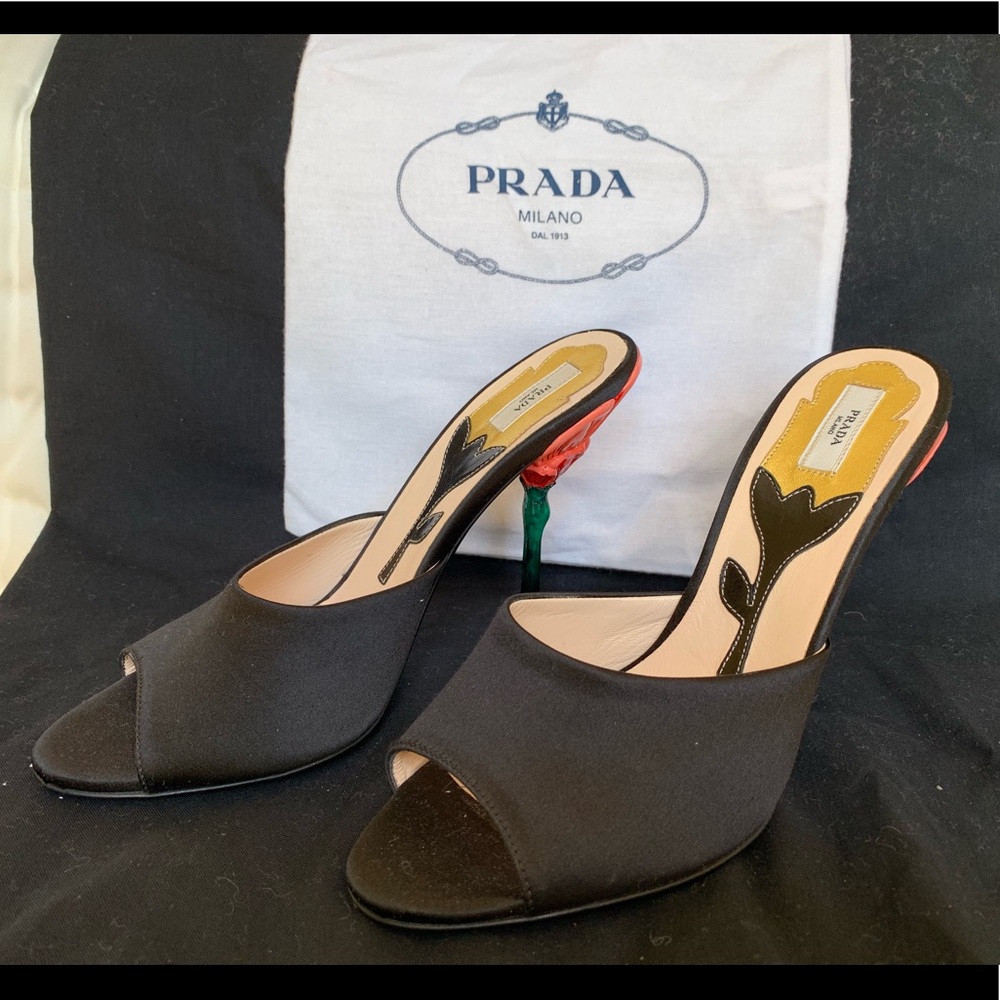 Prada hand painted flower heel satin mule slide 37